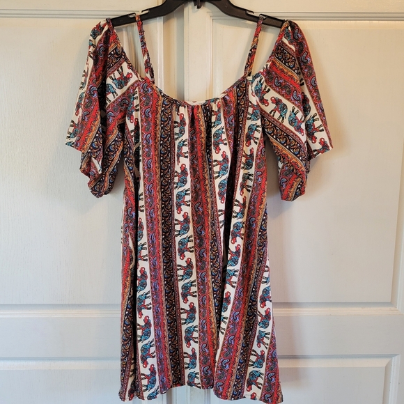 Rue 21 Bohemian Multicolor Elephant Print Off-Shoulder Dress - Picture 1 of 5